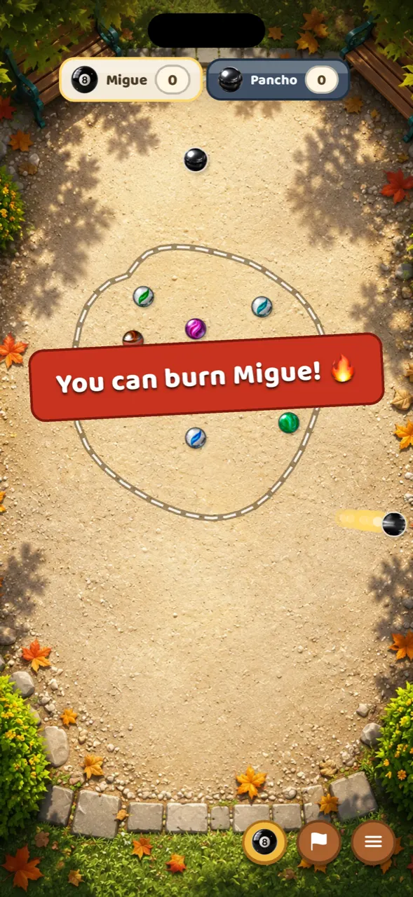 Knockout match: a hand-drawn ring on the dirt with marbles inside, a red banner reading You can burn Migue and the shooter marble aiming from the right.