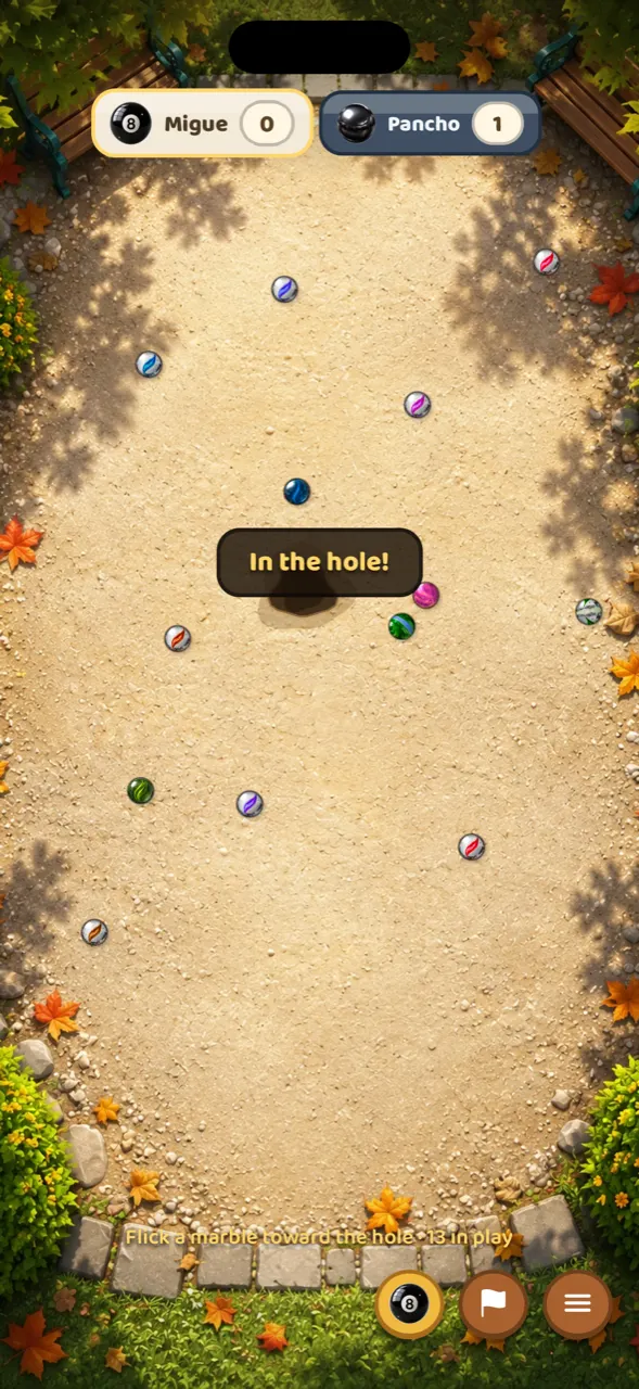 The hole mode: a hole dug in the dirt with marbles scattered around it, the message In the hole and a hint reading flick a marble toward the hole, 13 in play.
