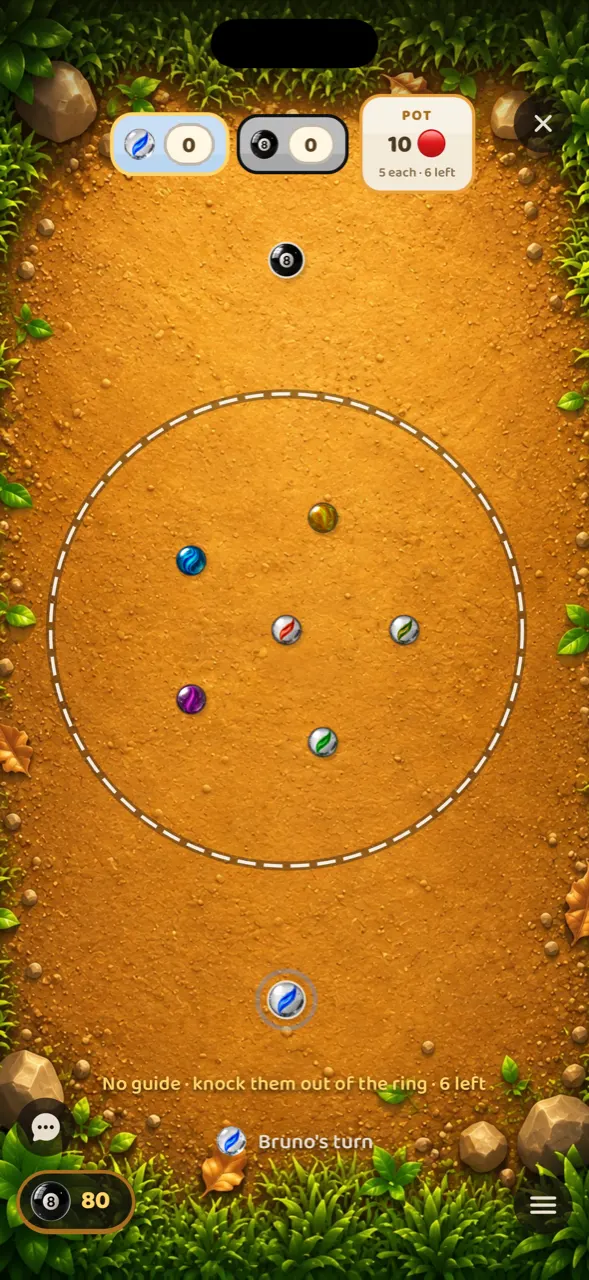 Online knockout match: the pot indicator shows 10 marbles at stake, 5 from each player, and the footer says it is Bruno's turn.