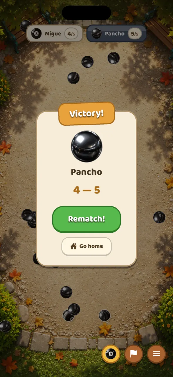 End-of-match screen showing a Victory banner, the winner Pancho, the 4 to 5 score and the Rematch and Go home buttons.