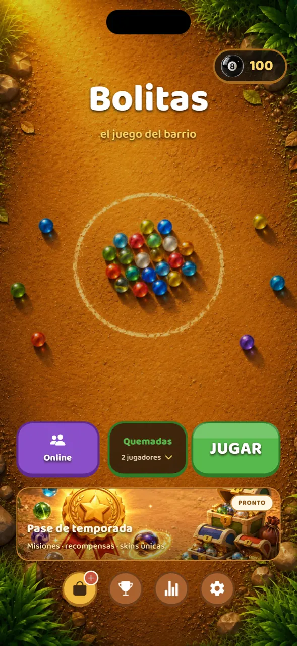 Pantalla de inicio de Bolitas: una cancha de tierra con canicas de vidrio dentro de un círculo dibujado a mano, el saldo de bolitas arriba a la derecha y los botones Online, Quemadas y Jugar abajo.