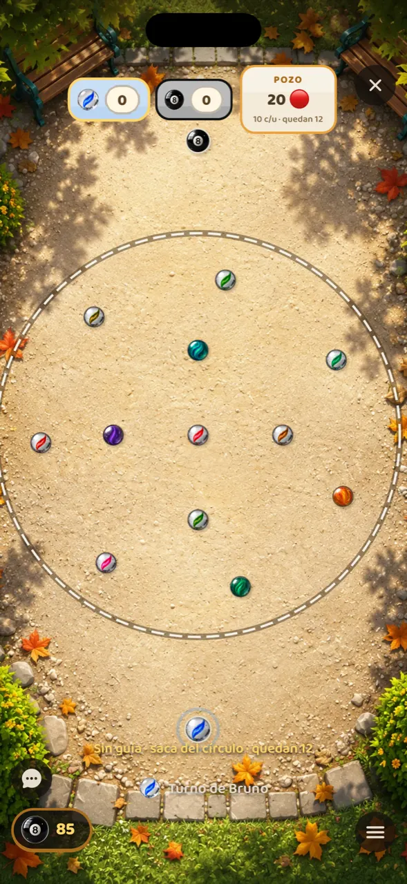 Partida online de quemadas: el marcador del pozo muestra 20 bolitas en juego, 10 puestas por cada jugador, y el pie de pantalla indica que es el turno de Bruno.