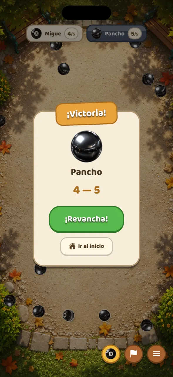Pantalla de fin de partida con el cartel ¡Victoria!, el ganador Pancho, el marcador 4 a 5 y los botones ¡Revancha! e Ir al inicio.
